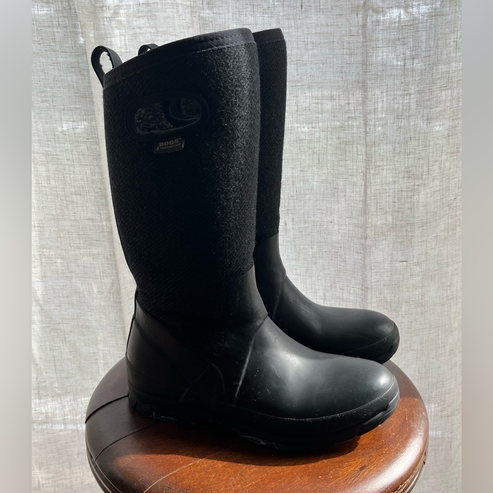 BOGS Womens Rain Boot - High, Black & Grey, Insulated